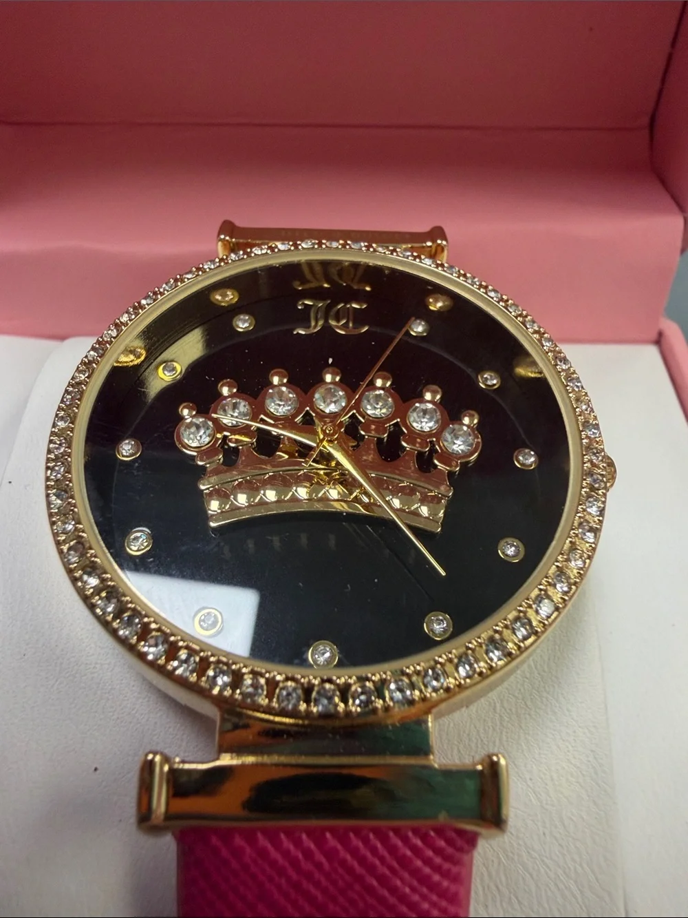 Juicy Couture Gold-Tone Watch with Pink Strap and Crystal Crown